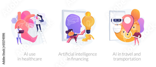 Robotic modern technologies, automated assistant. AI use in healthcare, artificial intelligence in financing, AI in travel and transportation metaphors. Vector isolated concept metaphor illustrations.