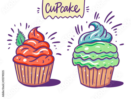 Red cupcake with mint and green cream cupcake. Hand drawn vector illustration. Flat cartoon style.