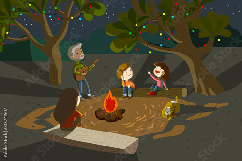 Christmas time, family get together and having good time camping in the wild. Dad playing guitar while mother kids enjoy the music and sing along by the fire. Vector illustration