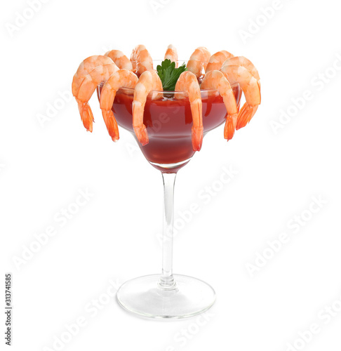 Delicious shrimp cocktail with tomato sauce isolated on white photo