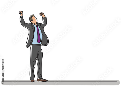 continuous line drawing of cheering businessman holding fists