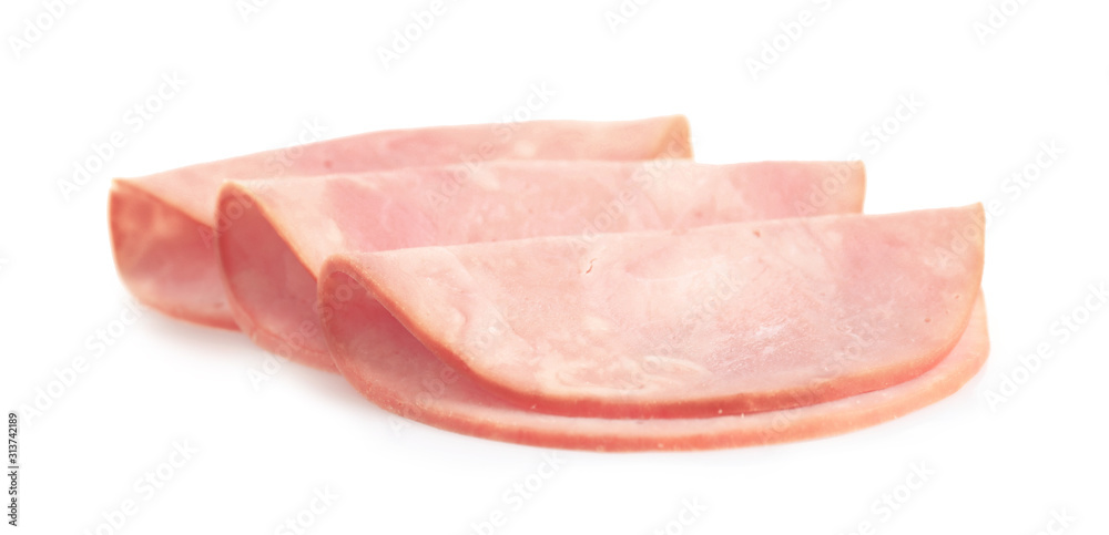 Slices of tasty fresh ham isolated on white