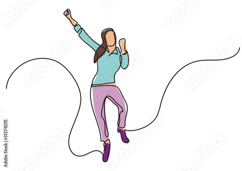 continuous line drawing of cheering jumping woman