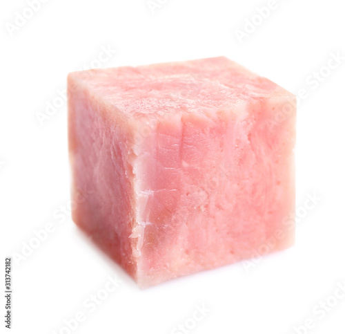 Cube of tasty fresh ham isolated on white