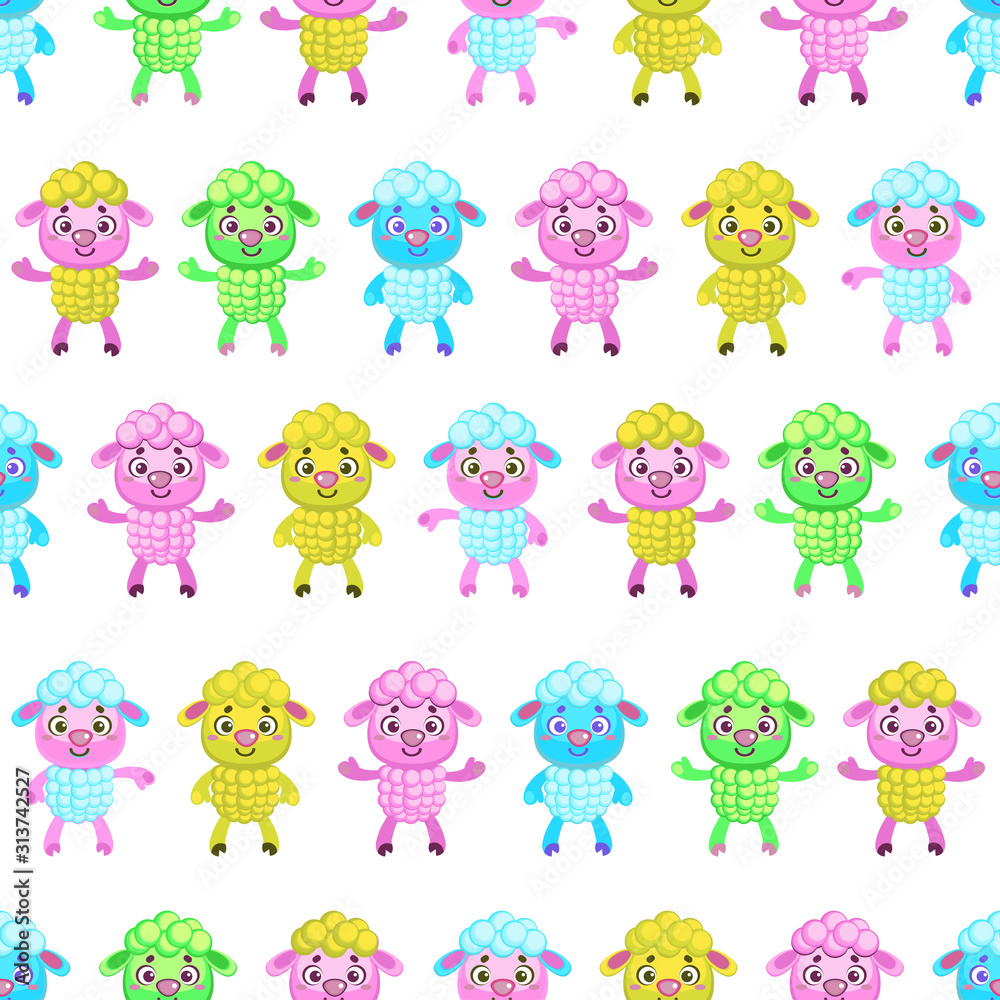 Fototapeta premium Cartoon funny multicolored sheeps seamless pattern