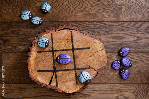 Hand made wood burn tic tac toe game with painted rock game pieces; blue and purple beetles and a wooden x and o game