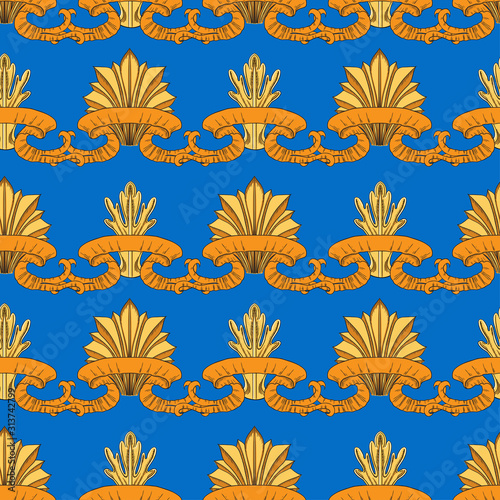 Vintage fantasy leaves and orange ribbons on a blue background