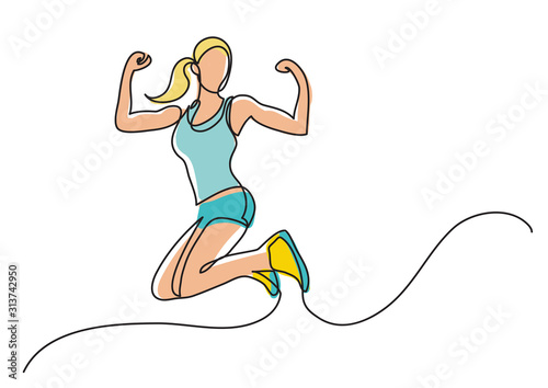 continuous line drawing of happy jumping woman athlete