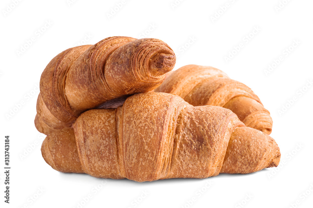 Tasty fresh crispy croissants isolated on white