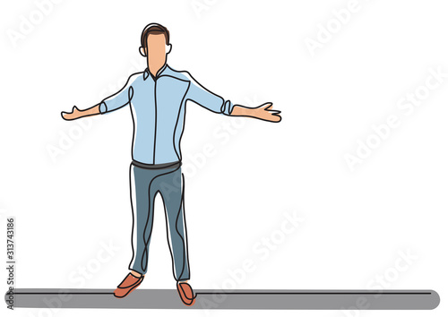 continuous line drawing of standing man raising hands