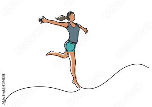 continuous line drawing of woman running with open arms
