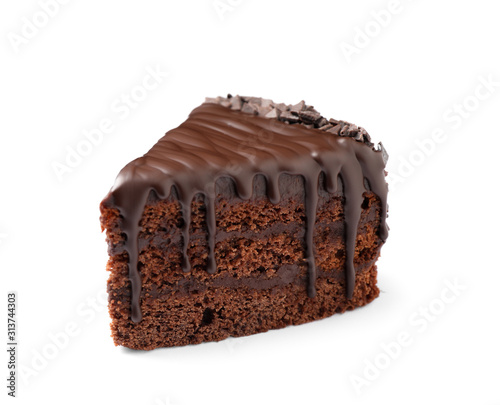 Piece of delicious chocolate cake isolated on white