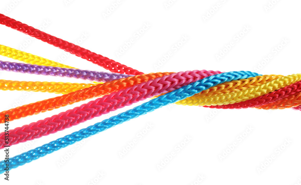 Twisted colorful ropes isolated on white. Unity concept Stock