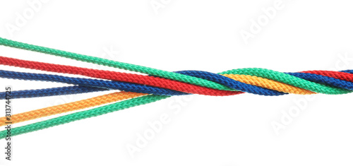 Twisted colorful ropes isolated on white. Unity concept