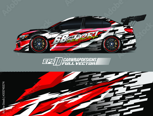 Drift car graphic livery design vector. Graphic abstract stripe racing background designs for wrap cargo van, race car, pickup truck, adventure vehicle. Eps 10