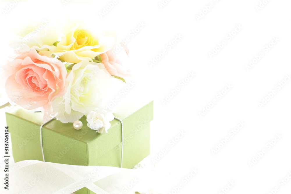Artificial flower and gift box with ribbon for holiday image