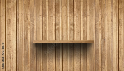 empty wooden shelf on the floor, wall, bare, for placing products or products