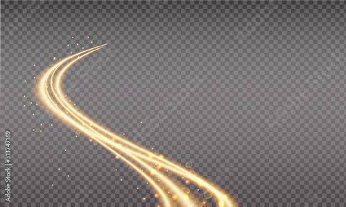 Golden swoosh, magic wave. Gold trail isolated on transparent background. Luminescent waved trail with bright bokeh and sparkles. Swoosh with stradust.