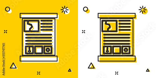 Black Game guide icon isolated on yellow and white background. User manual, instruction, guidebook, handbook. Random dynamic shapes. Vector Illustration