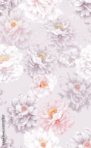 Seamless pattern with image of a "Pastel Splendor" Peony flowers on a light gray background.