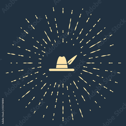 Beige Oktoberfest hat icon isolated on blue background. Hunter hat with feather. German hat. Abstract circle random dots. Vector Illustration
