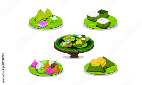 Thai desserts, rice porridge, glutinous rice, coconut milk on banana leaves