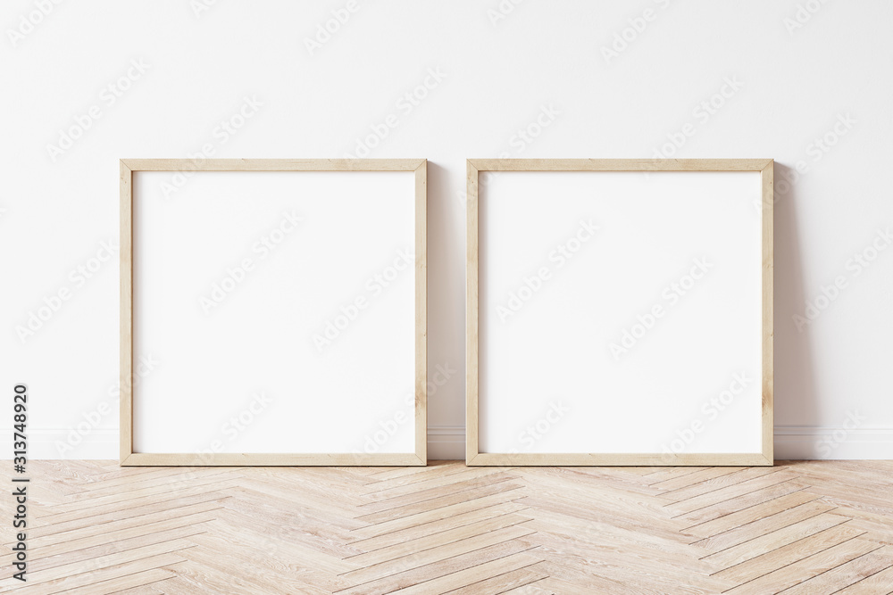 Two square wooden frame mockup. Set of Two mock up poster on wooden floor. 2 square frame 3d illustrations. Two square wooden frame mockup. Set of Two mock up poster on wooden floor. 2 square frame 3d illustrations.