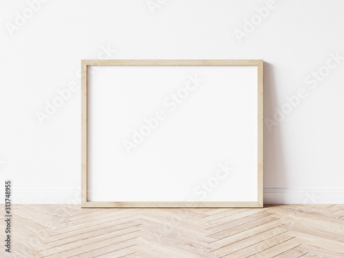 Horizontall wood frame mock up. Wooden frame poster on wooden floor with white wall. Landscape frame 3d illustrations.