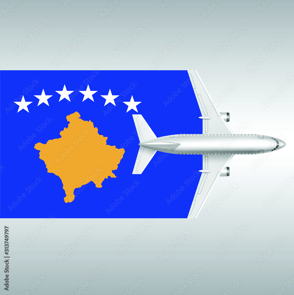Plane and flag of Kosovo. Travel concept for design Plane and flag of Kosovo. Travel concept for design