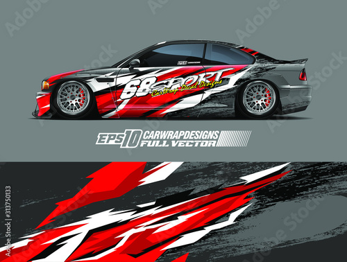 Drift car graphic livery design vector. Graphic abstract stripe racing background designs for wrap cargo van, race car, pickup truck, adventure vehicle. Eps 10