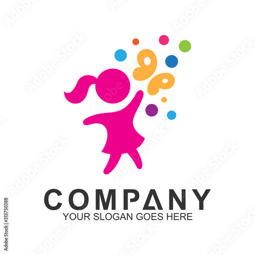 the logo of girls playing with butterflies, cute girl + butterfly, creative and playful logo design