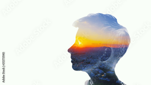 Double multiply exposure beautiful woman head silhouette portrait white isolated with sun in eye sky, sunset nature. Psychology, philosophy power of mind, human spirit, mental health, life zen concept