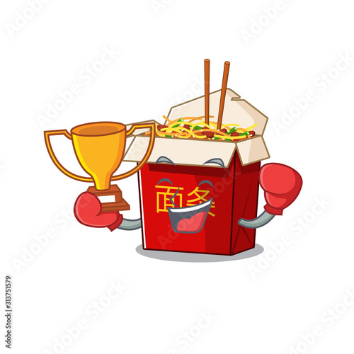 fantastic Boxing winner of chinese box noodle in mascot cartoon style