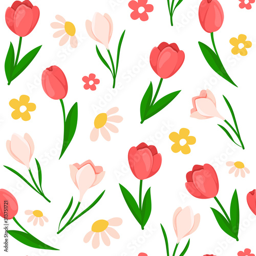 Easter Day - seamless pattern spring flowers on white background, floral ornament - tulip, snowdrop, holiday background or endless texture for textile, fabric, wrapping or scrapbooking paper - vector