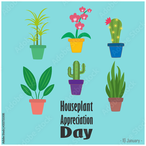 Houseplant Appreciation Day January 10th with houseplans and text. Vector illustration for your design and print template.