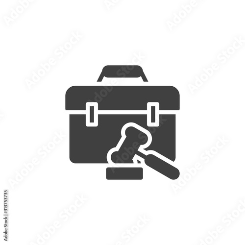 Judge gavel and briefcase vector icon. filled flat sign for mobile concept and web design. Law gavel and attorney briefcase glyph icon. Symbol, logo illustration. Vector graphics