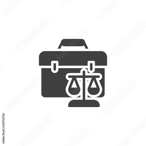 Judge scales and briefcase vector icon. filled flat sign for mobile concept and web design. Law scales and attorney briefcase glyph icon. Symbol, logo illustration. Vector graphics