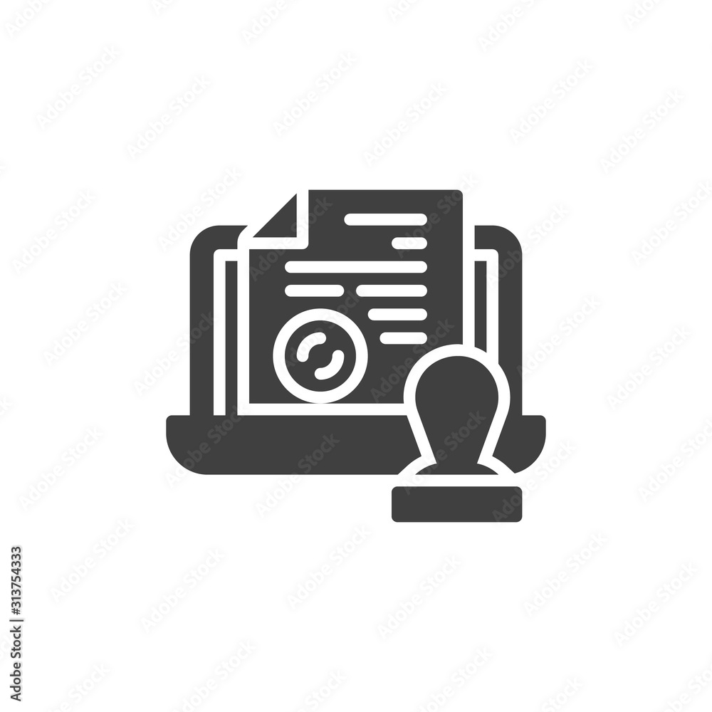 Online electronic notarial stamp vector icon. filled flat sign for mobile concept and web design. Laptop with legal document file and stamp glyph icon. Symbol, logo illustration. Vector graphics Online electronic notarial stamp vector icon. filled flat sign for mobile concept and web design. Laptop with legal document file and stamp glyph icon. Symbol, logo illustration. Vector graphics