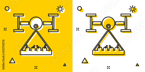 Black Smart farm with drone control collects harvest icon isolated on yellow and white background. Innovation technology for agricultural company. Random dynamic shapes. Vector Illustration