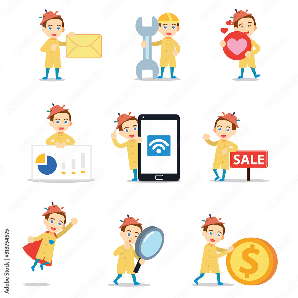 A man working as a management fisheries, character set with coin, envelope, love, mobile.