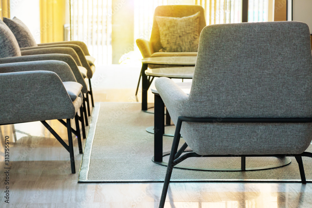 lobby with grey armchair