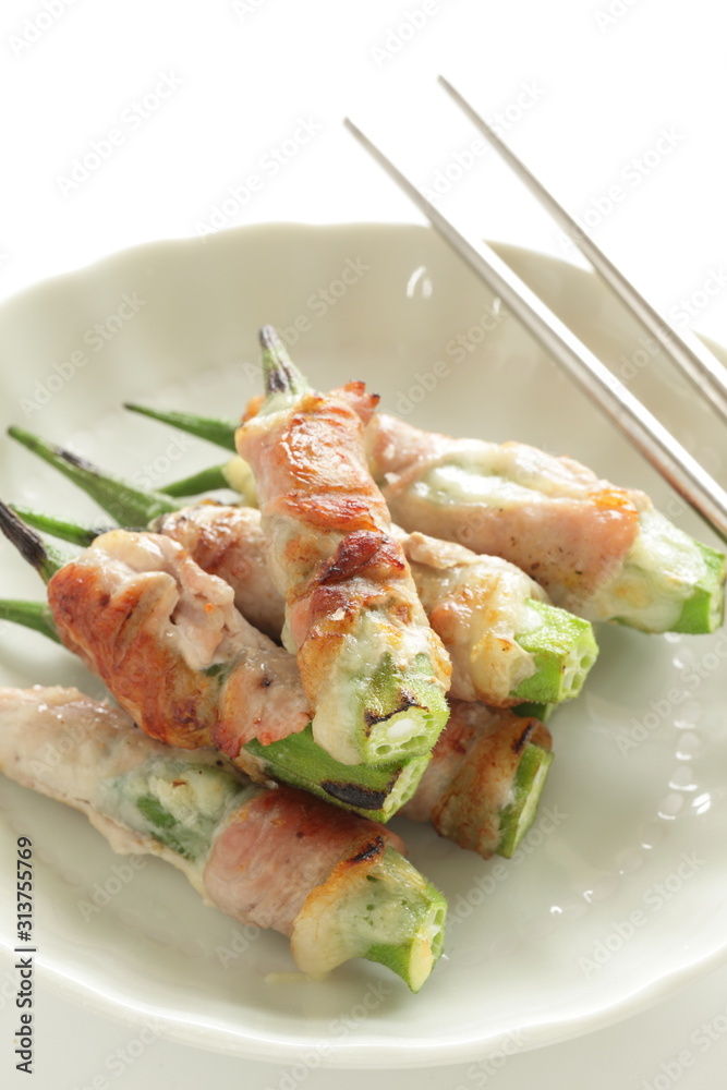 Grilled  Okra and pork  for asian gourmet
