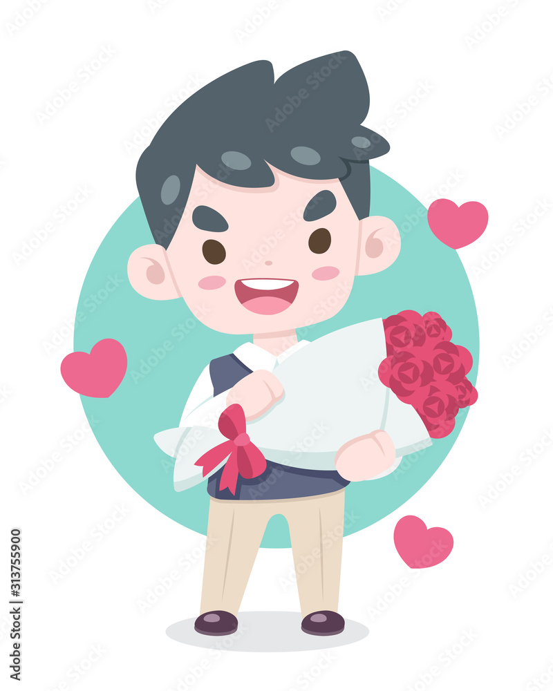 Valentines Day, Cute style in love blushing guy holding roses bouquet cartoon illustration. hearts floating around him  