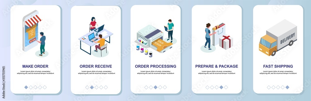 T-shirt printing online services mobile app onboarding screens vector template T-shirt printing online services mobile app onboarding screens vector template