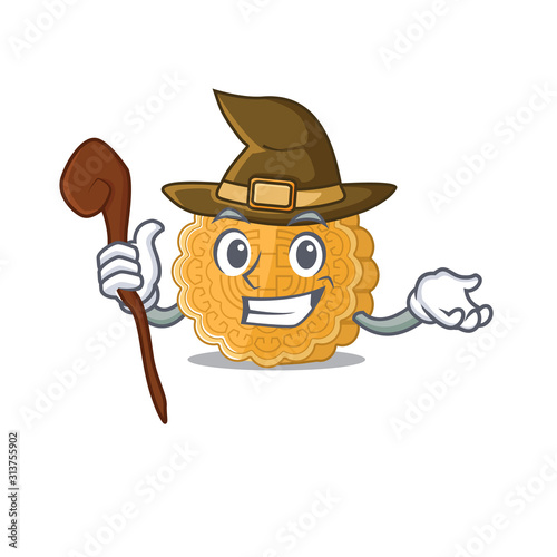 cartoon mascot style of chinese mooncake dressed as a witch