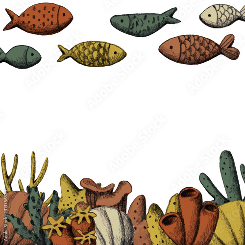 Hand drawn pencil fishes in colorful corals. Scandinavian sea, ocean. Shell. Sea weed, plant. Corals. Colorful fish photo