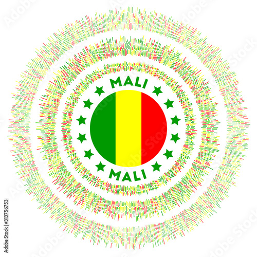 Mali symbol. Radiant country flag with colorful rays. Shiny sunburst with Mali flag. Beautiful vector illustration.