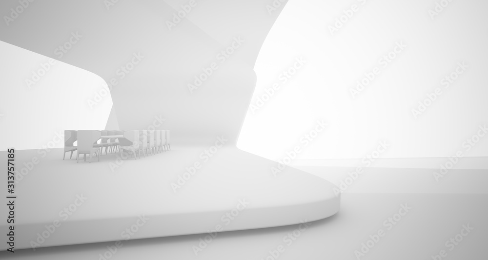 Fototapeta premium Abstract architectural smooth white interior of a minimalist house with swimming pool. 3D illustration and rendering.
