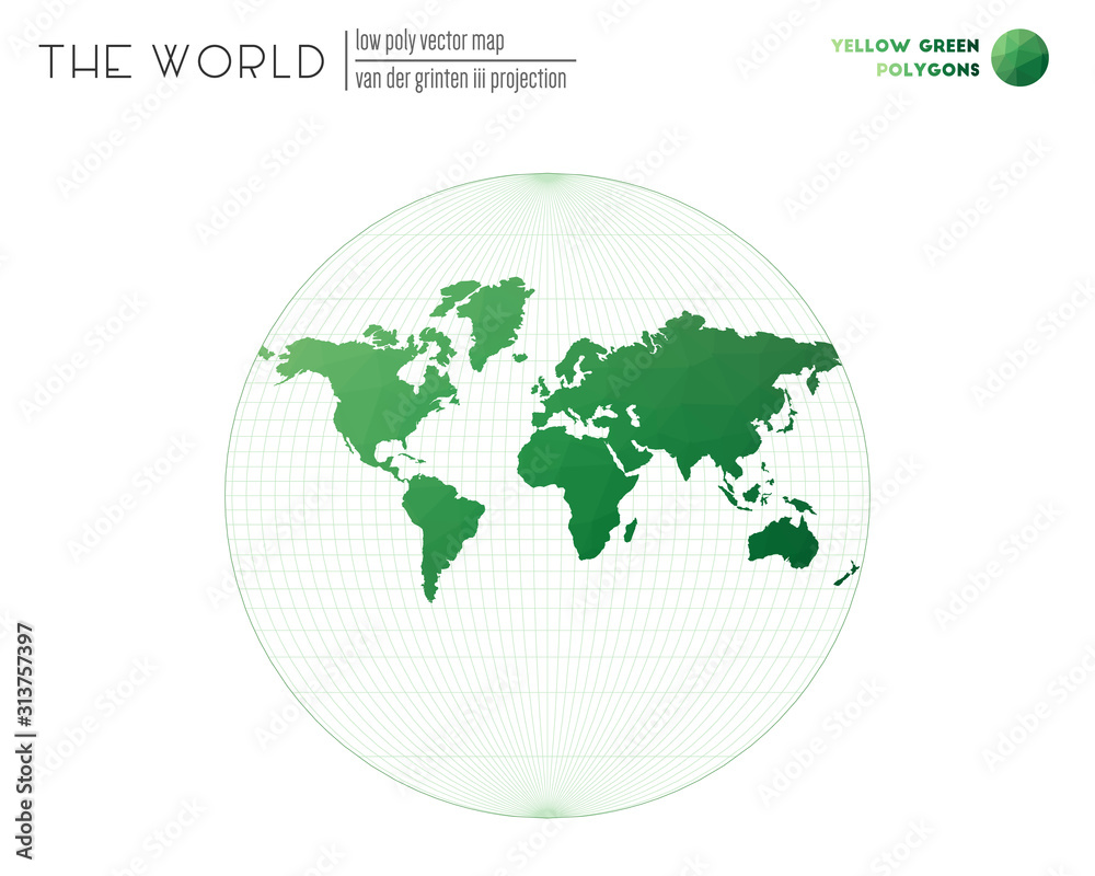 World map in polygonal style. Van der Grinten III projection of the world. Yellow-green colored polygons. Awesome vector illustration. World map in polygonal style. Van der Grinten III projection of the world. Yellow-green colored polygons. Awesome vector illustration.