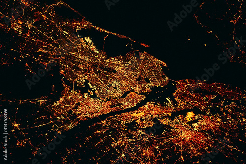NEW YORK CITY lights map at night. Satellite view
